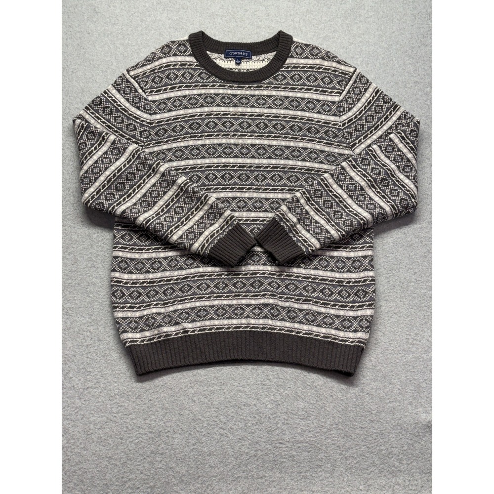 Crown‎ & Ivy Mens Grey White Fair Isle Wool Blend Crewneck Sweater Large